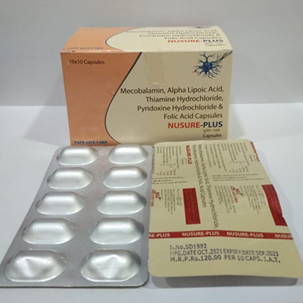 Product Name: Nusure Plus, Compositions of Nusure Plus are Mecobalamin,Alpha Lipoic Acid,Thiamine Hydrochloride,Pyridoxine  Hydrochloride & Folic Acid Capsules - Safe Life Care