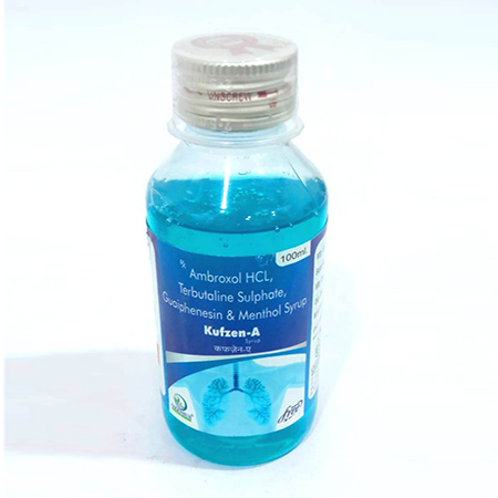 Product Name: KUFZEN A , Compositions of Ambroxol HCL, Terbutaline Sulphate, Guaiphensin & Menthol Syrup are Ambroxol HCL, Terbutaline Sulphate, Guaiphensin & Menthol Syrup - Ozenius Pharmaceutials