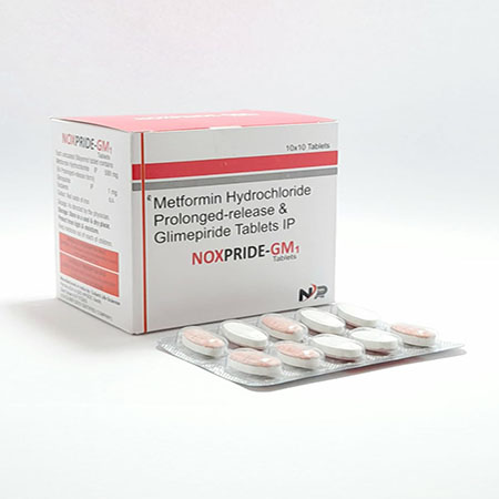 Product Name: Noxpride Gm1, Compositions of Noxpride Gm1 are Metformin Hydrochloride Prolonged-Release & Glimepiride Tablets Ip - Noxxon Pharmaceuticals Private Limited