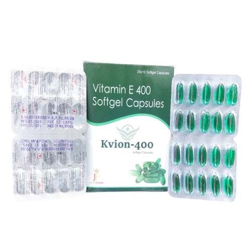 Product Name: Kvion400, Compositions of Kvion400 are Vitamin E 400 Softgel Capsules - Jecks Pharma