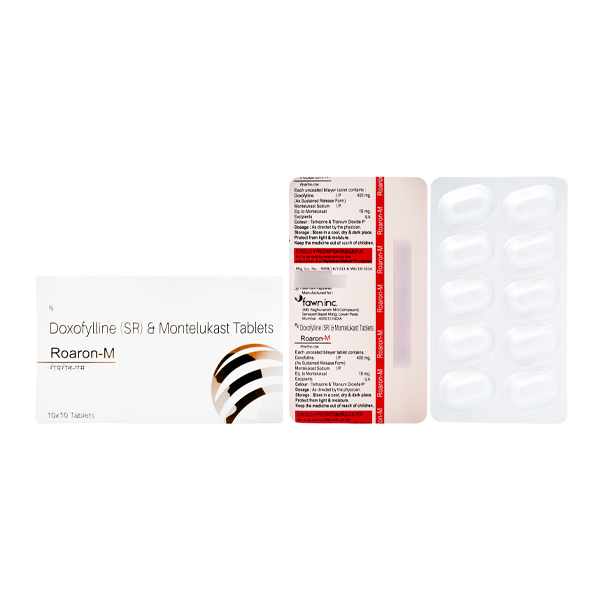 Product Name: ROARON M, Compositions of Doxofylline (SR) And Montelukast (400mg+10mg) are Doxofylline (SR) And Montelukast (400mg+10mg) - Fawn Incorporation