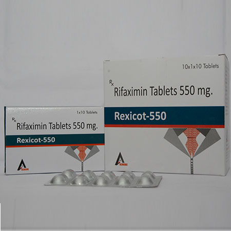 Product Name: REXICOT 550, Compositions of REXICOT 550 are Rifaximin Tablets 550mg   - Alencure Biotech Pvt Ltd