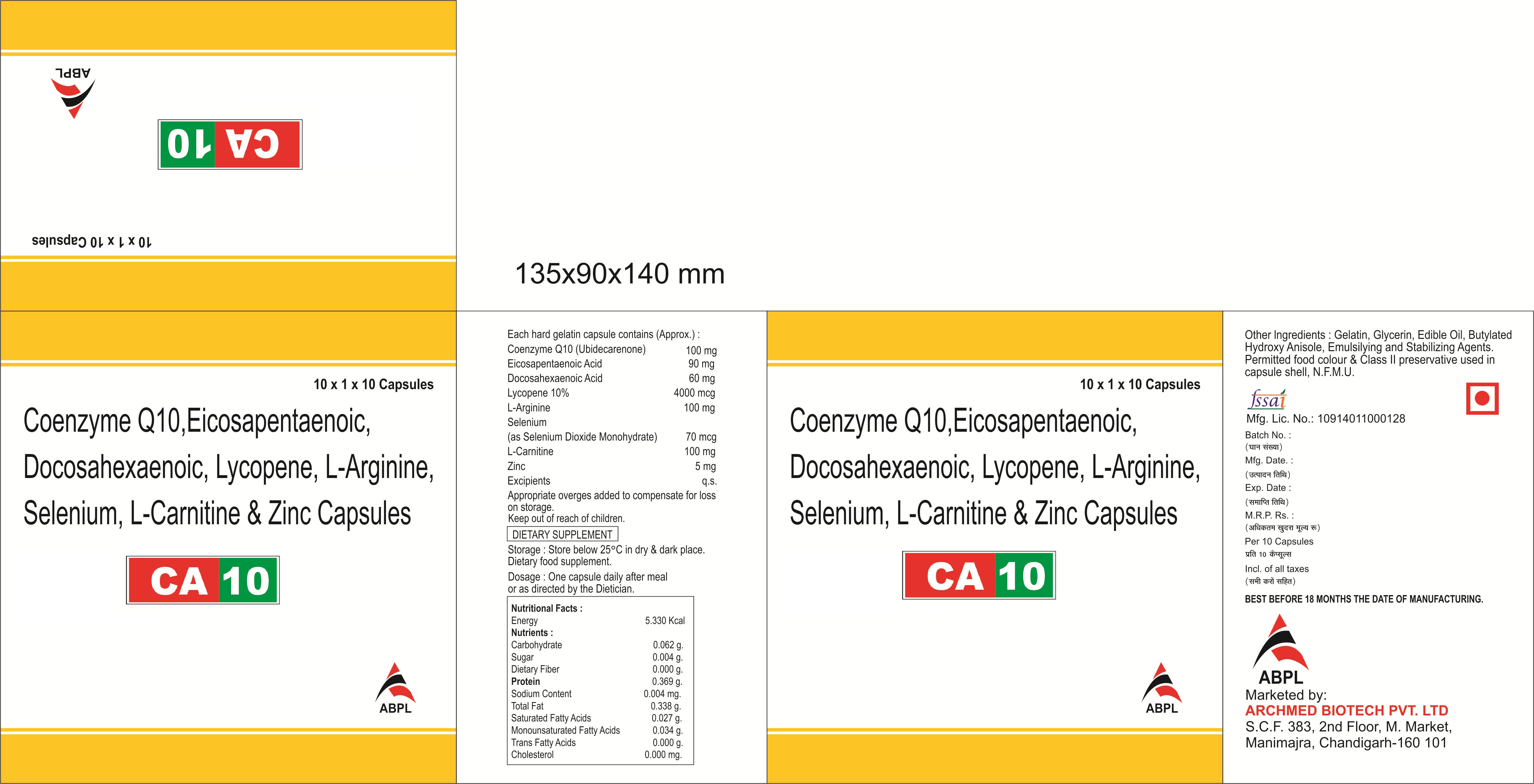 Product Name: C A 10, Compositions of C A 10 are Q-ZYME Q10 - Archmed Biotech Private Limited