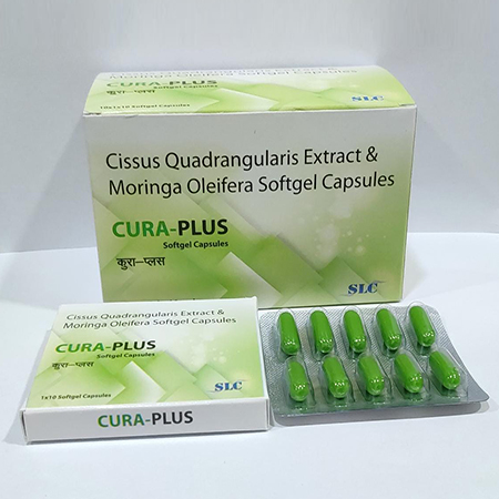 Product Name: Cura Plus, Compositions of Cura Plus are Cissus Quadrangularis withania Extract & Moringa Oliefera Softgel Capsules - Safe Life Care