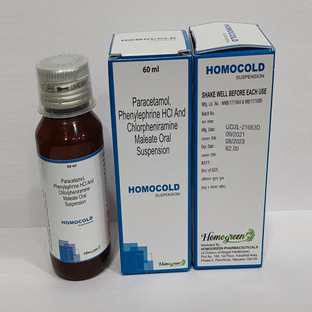 Product Name: Homocold, Compositions of Homocold are Paracetamol,Phenylephrine Hcl And Chlopheniramine Maleate Oral Suspension - Abigail Healthcare