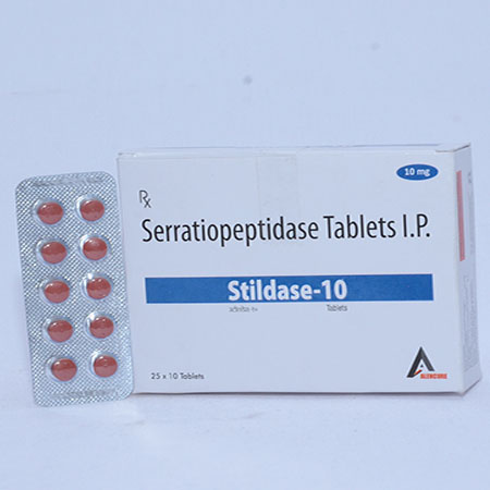 Product Name: STILDASE 10, Compositions of STILDASE 10 are Serratiopeptidase Tabelts IP - Alencure Biotech Pvt Ltd