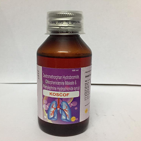 Product Name: KOSCOF, Compositions of KOSCOF are Ceftromethorphan HCL, Chlorpheniramine Maleate & Phenylphrine Hydrochloride Syrup - Apikos Pharma