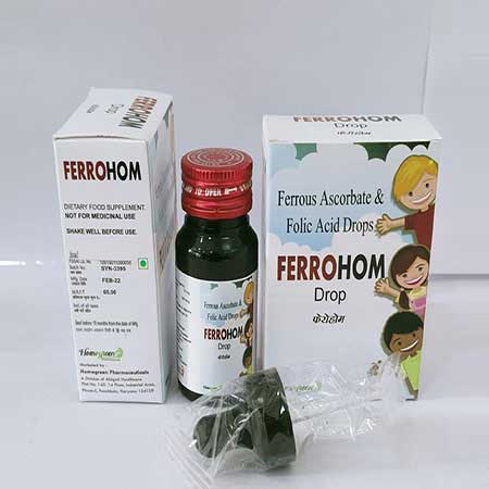 Product Name: Ferrohom, Compositions of Ferrohom are Ferrous Ascorbate & Folic Acid Drops - Abigail Healthcare