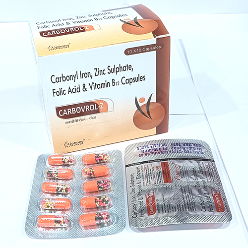 Product Name: Carbovrol , Compositions of Carbovrol  are Carbonyl Iron,Zinc Sulphate Folic Acid and Vitamin B12 Capsules - Euphony Healthcare