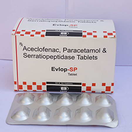 Product Name: Evlop SP, Compositions of Evlop SP are Aceclofenac, Paracetamol & Serratiopeptidase Tablets - Eviza Biotech Pvt. Ltd