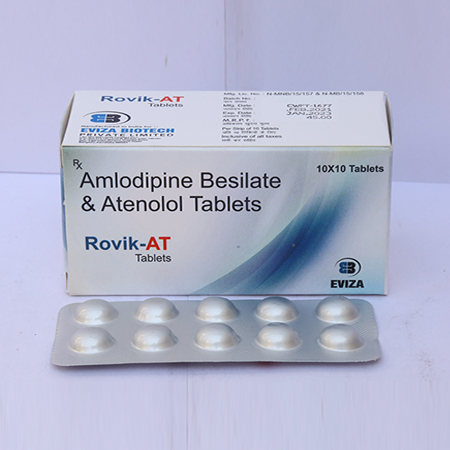 Product Name: Rovik AT, Compositions of are Amlodipine Besilate & Atenolol Tablets - Eviza Biotech Pvt. Ltd