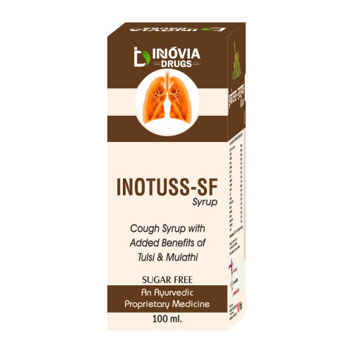 Product Name: Inotus SF, Compositions of Inotus SF are Cough Syrup With Added Benifits Of tulsi & Mulathi - Innovia Drugs