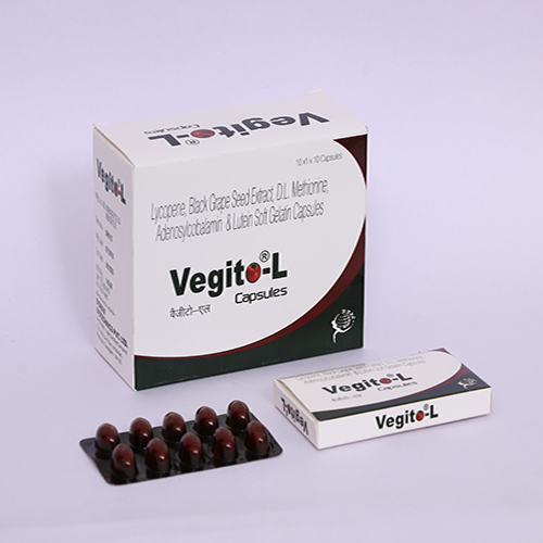 Product Name: VEGITO L, Compositions of VEGITO L are Lycopene Black Grape Seed Extract DL Metioine, Adenosylcobalamin & Leutin Sof Gelatin Capsules - Biomax Biotechnics Pvt. Ltd