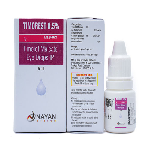 Product Name: Timorest 0.5, Compositions of Timorest 0.5 are Timolol Maleate Eye Drops IP - Arlak Biotech