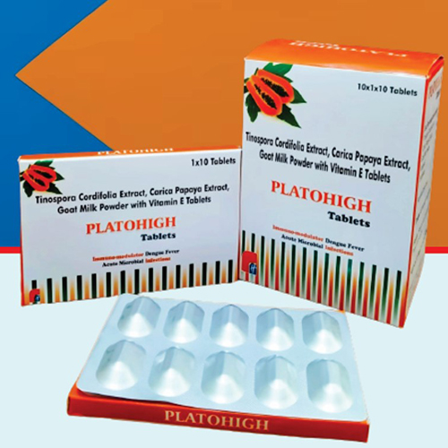 Product Name: PLATOHIGH, Compositions of PLATOHIGH are Tinospora Cordifolia Extract, Carica Papaya Extract, Goat Milk Powder with Vitamin E Tablets - Healthkey Life Science Private Limited