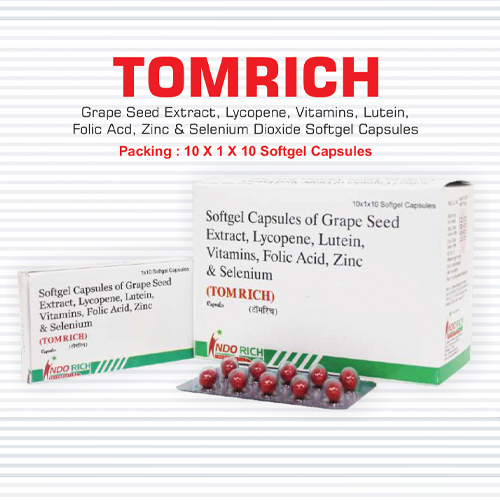 Product Name: Tomrich, Compositions of Tomrich are Softgel Capsule of Seed Extract,Lycopene,Lutein,Folic Acid,Zinc & Selenium - Pharma Drugs and Chemicals