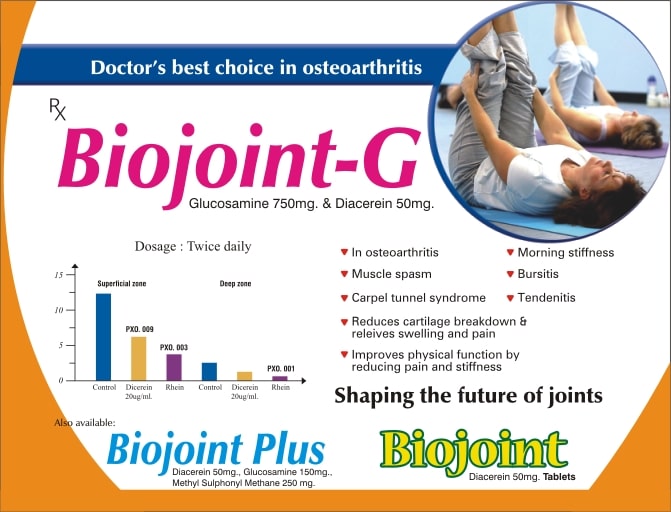 Product Name: Biojoint, Compositions of Biojoint are Glucosamine 750mg & Diacerein 50mg - Biotropics Formulations