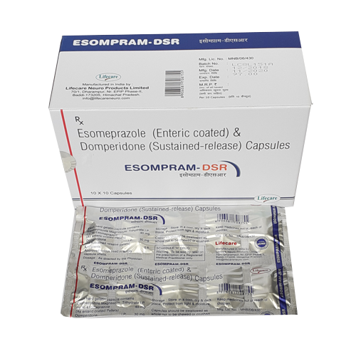 Product Name: Esompram DSR, Compositions of Esompram DSR are Esomeprazole (ER) & Domperidone (SR) Capsules - Lifecare Neuro Products Ltd.