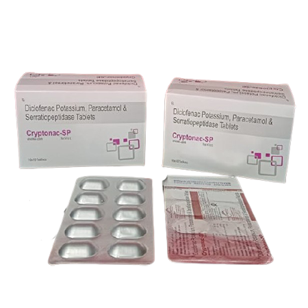 Product Name: Cryptomac SP, Compositions of Cryptomac SP are Diclofenac Potassium, Paracetamol & Serratiopeptidase Tablets - Kevlar Healthcare Pvt Ltd