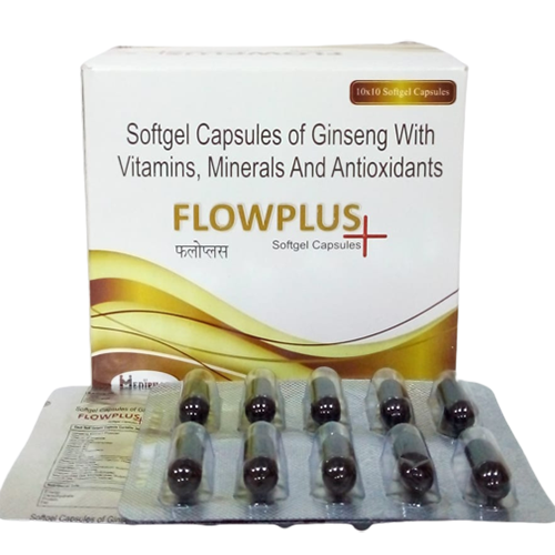 Product Name: Flowplus, Compositions of are Softgel Capsules of Ginseg with Vitamins,Minerals  and Antioxidants  - Mediphar Lifesciences Private Limited