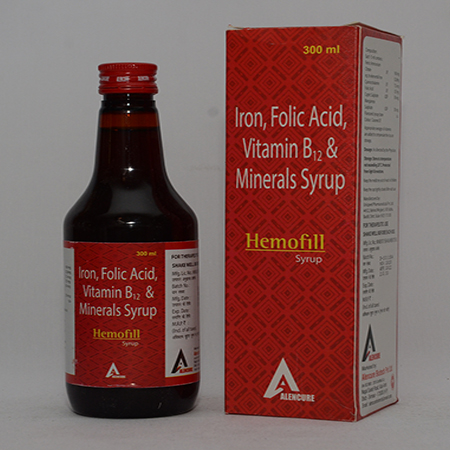 Product Name: HEMOFILL, Compositions of HEMOFILL are Iron, Folic Acid, Vitamin B12 & Minerals Syrup - Alencure Biotech Pvt Ltd