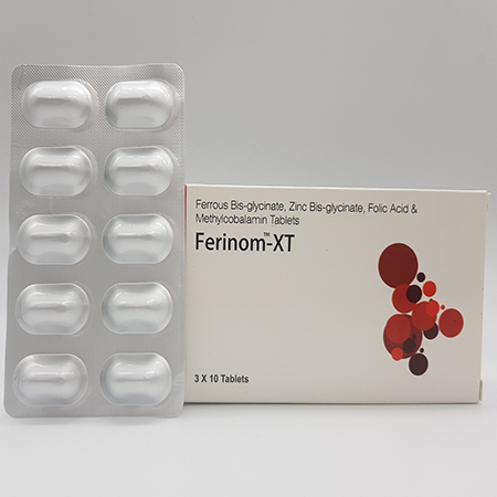 Product Name: Ferinom XT, Compositions of Ferinom XT are Ferrous Bis glycinate, Zinc Bis glycinate, Folic Acid and Methylcobalamin Tablets   - Acinom Healthcare