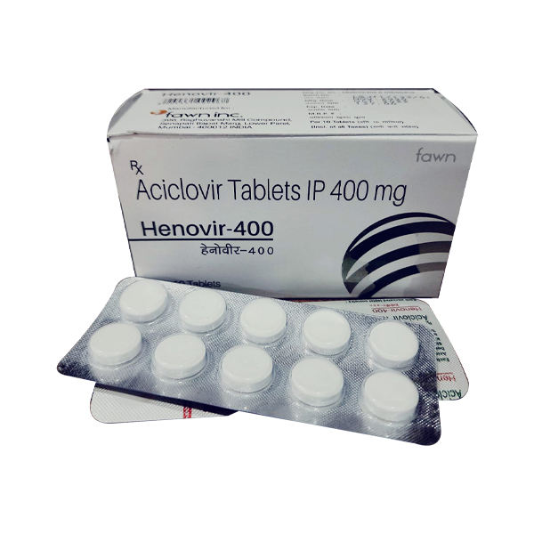 Product Name: HENOVIR HERPOX 400, Compositions of HENOVIR HERPOX 400 are Aciclovir I.P. 400 mg. - Fawn Incorporation