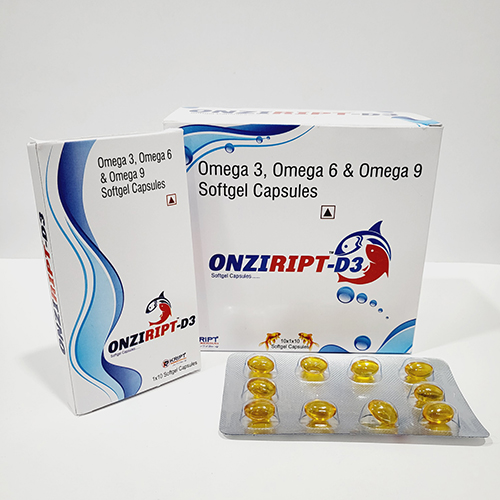 Product Name: ONZIRIPT D3, Compositions of ONZIRIPT D3 are Omega 3 Omega 6 & Omega 9 Softgel capsules - Kript Pharmaceuticals