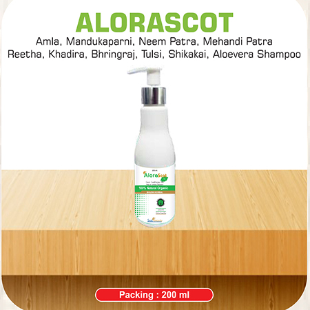 Product Name: Alorascot, Compositions of Alorascot are Amla,Mandukaparni,Neem Patra,Mehandi Patra Reetha,Khadira,Bhringraj,Shikakai,Aloevera Shampoo - Scothuman Lifesciences