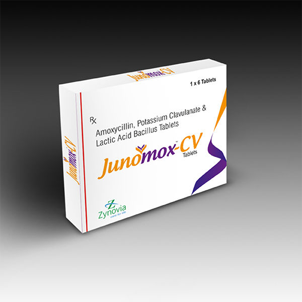 Product Name: Junomox CV, Compositions of Junomox CV are Amoxycillin, Potassium Clavulanate & Lactic Acid Bacillus Tablets - Zynovia Lifecare