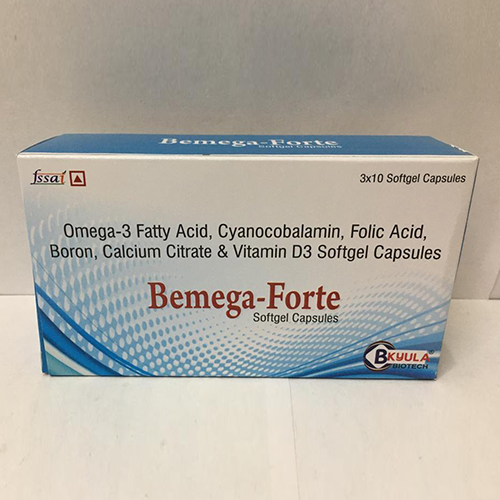 Product Name: Bemega Forte, Compositions of Bemega Forte are Omega-3 Fatty Acid, Cyanocobalamin, FOlic Acid, Boron, Calcium Citrate & Vitamin D3 Softgel Capsules - Bkyula Biotech