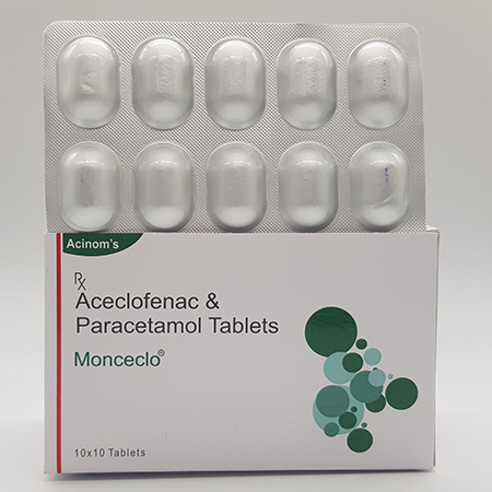 Product Name: Monceclo, Compositions of Monceclo are Aceclofenac and Paracetamol Tablets - Acinom Healthcare