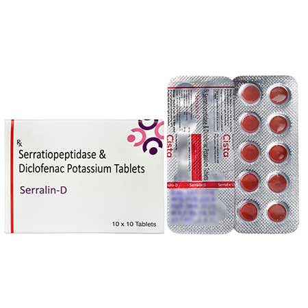 Product Name: Serralin D, Compositions of Serralin D are Serratiopeptidase 10mg + Diclofenac Potassium 50mg - Cista Medicorp