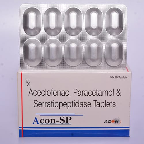 Product Name: ACON SP Tablets, Compositions of ACON SP Tablets are ACECLOFENAC100, PARACETAMOL325 - Aeon Remedies