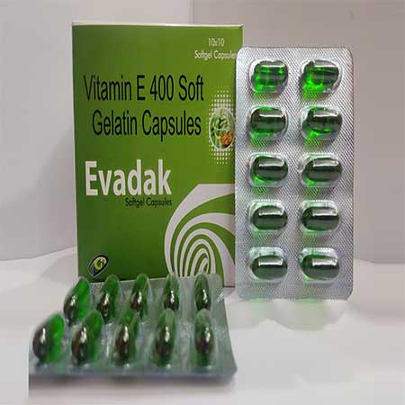 Product Name: Evadak, Compositions of Evadak are Vitamin E 400 Soft Gelatin Capsules - Dakgaur Healthcare