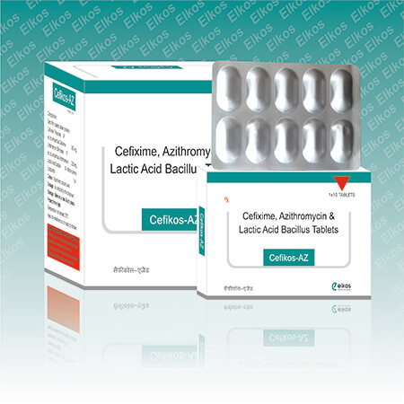 Product Name: Cefikos AZ, Compositions of Cefikos AZ are Cefixime, Azithromycin & Lactic Acid Bacillus Tablets - Elkos Healthcare Pvt. Ltd