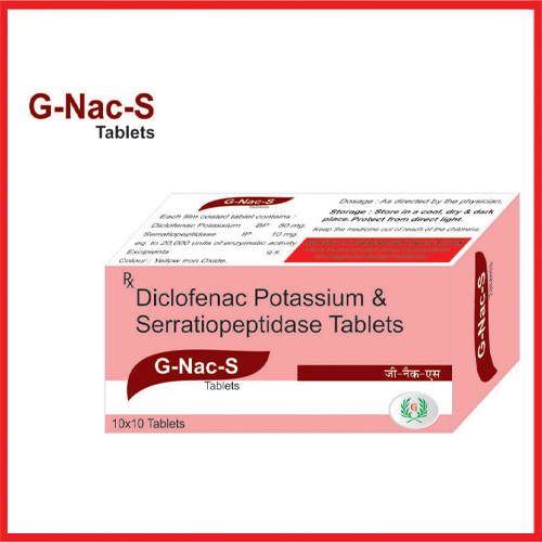 Product Name: G Nac S, Compositions of G Nac S are Diclofenac Potassium & Serratiopeptidase Tablets - Greef Formulations