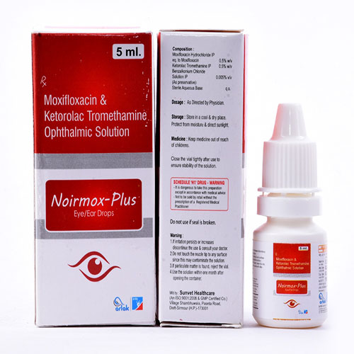 Product Name: Noirmox Plus, Compositions of Noirmox Plus are Moxifloxacin & Ketorolac Trmethamine Opithalmic Solution IP - Arlak Biotech