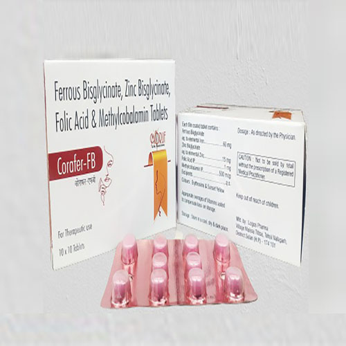 Product Name: Corafer Fb, Compositions of Corafer Fb are Ferrous Bisglycinate,Zinc Bisglycinate Folic Acid & Methylcobalamin Tablets - Arlak Biotech