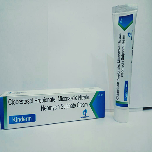 Product Name: Kinderm, Compositions of Kinderm are Clobetasol Propionate, Miconazole Nitrate, Neomycin Sulphate Cream - Manlac Pharma