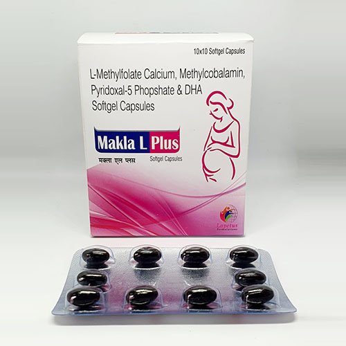 Product Name: Makla L Plus, Compositions of Makla L Plus are L-Methylfolate Calcium,Methylcobalamin,Pyridoxal 5 Phosphate & DHA Softgel Capsules - Pride Pharma