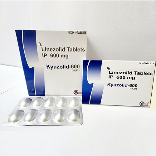 Product Name: Kyuzolid 600, Compositions of Kyuzolid 600 are Linezolid Tablets IP 600 mg - Bkyula Biotech