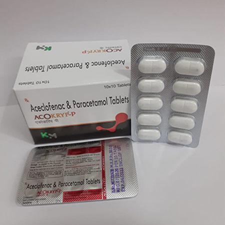 Product Name: ACOKRYP P, Compositions of ACOKRYP P are Aceclofenac & Paracetamol Tablets - Kryptomed Formulations Pvt Ltd
