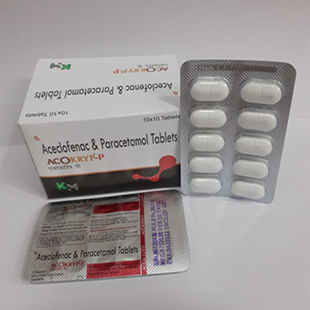 Product Name: Acokryp p, Compositions of Acokryp p are Aceclofenac & Paracetamol Tablets - Kryptomed Formulations Pvt Ltd