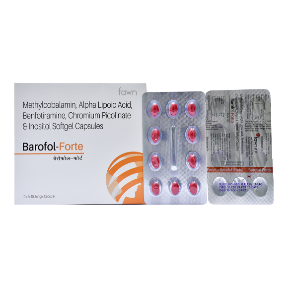 Product Name: BAROFOL FORTE, Compositions of BAROFOL FORTE are Methylcobalamin , Alpha Lipoic Acid, Benfotriamine, Chromium Picolinate & Inositol Softgel Capsules - Fawn Incorporation