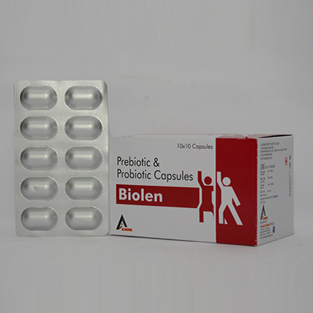 Product Name: BIOLEN CAP, Compositions of BIOLEN CAP are Prebiotic & Probiotic Capsules - Alencure Biotech Pvt Ltd