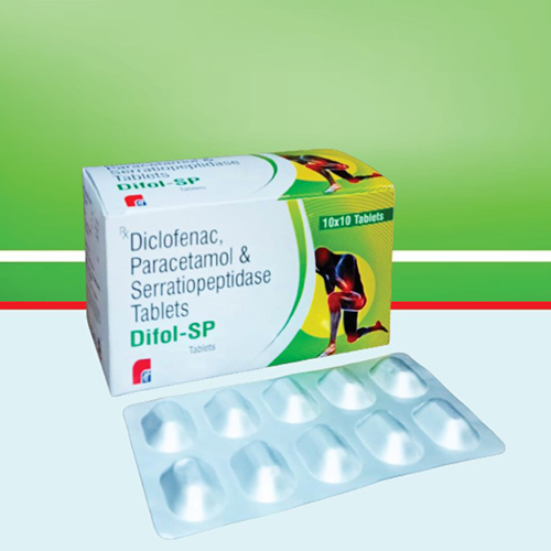 Product Name: Difol SP, Compositions of Difol SP are Diclofenac, Paracetamol & Serratiopeptidase Tablets.  - Healthkey Life Science Private Limited