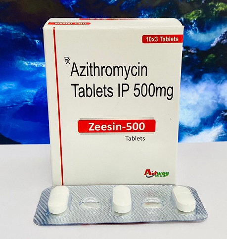 Product Name: Zeesin 500, Compositions of Zeesin 500 are Azithromycin Tablets IP 500 mg - Aidway Biotech