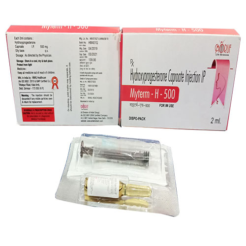 Product Name: Myterm H 500, Compositions of Myterm H 500 are Hydroxyprogesterone Caproate Injection IP - Arlak Biotech