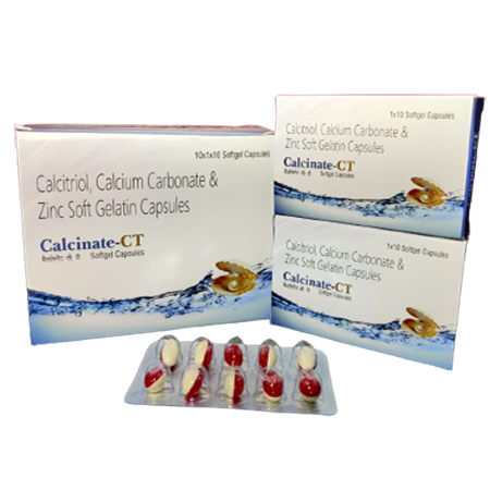 Product Name: Calcinate CT, Compositions of Calcinate CT are Calcitriol, Calcium Carbonate & Zinc Softgelatin Capsules - Kevlar Healthcare Pvt Ltd